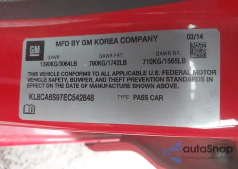 2014 Chevrolet Spark Ls Manual z USA, uszkodzony, nr VIN KL8CA6S97EC542848